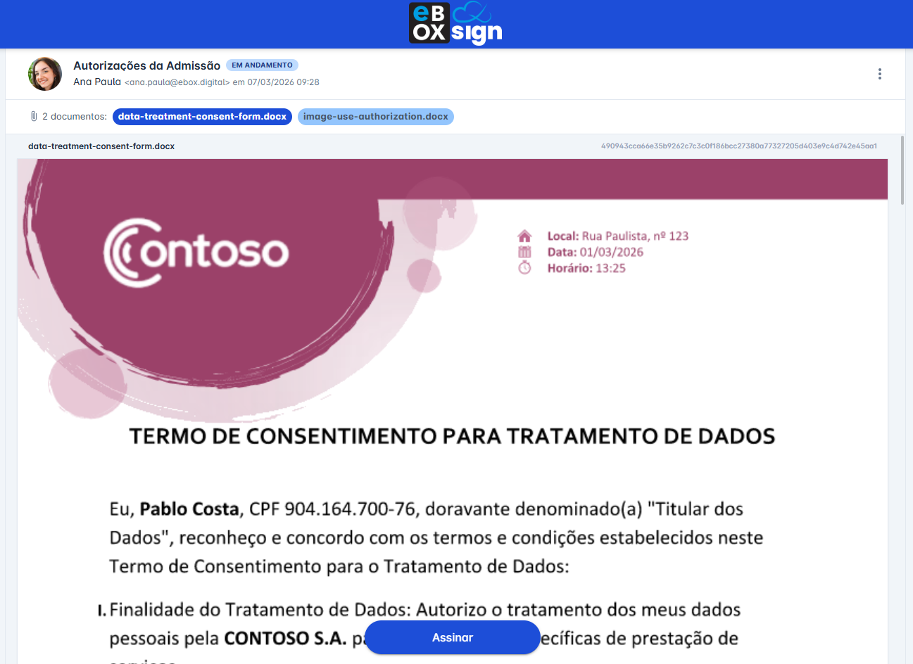 tela de visualização do documento com o botão de assinatura