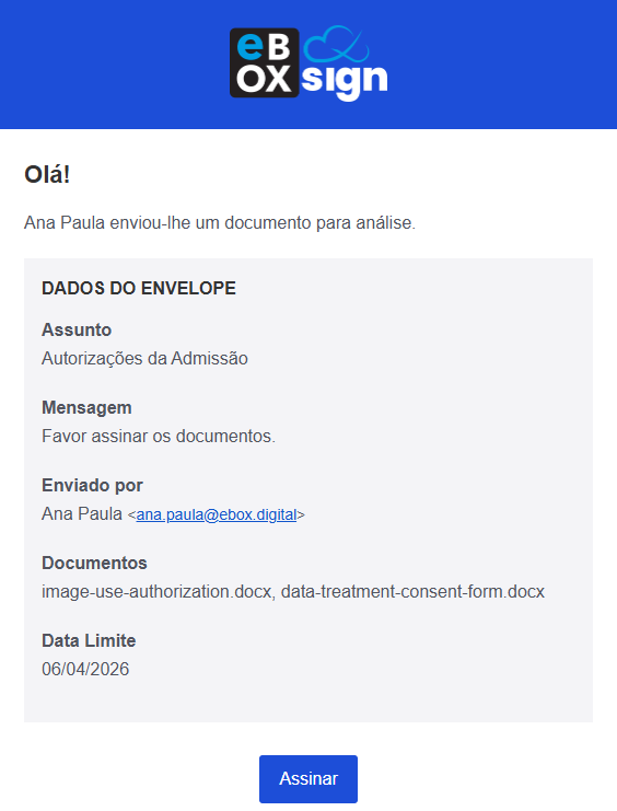 e-mail ou mensagem recebida com o link de assinatura