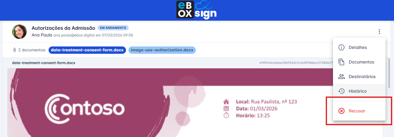 tela de visualização com o botão Recusar visível