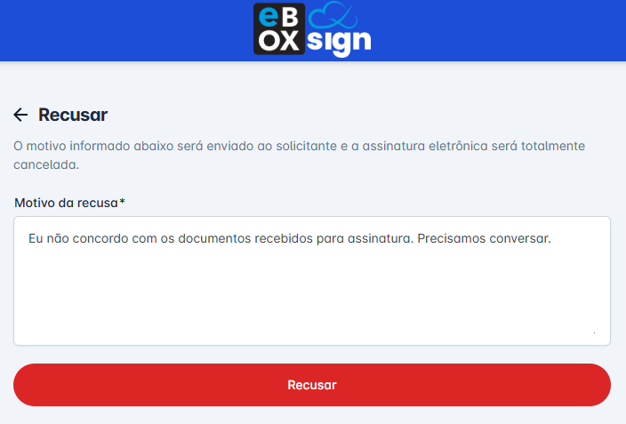 tela de recusa com campo para informar o motivo
