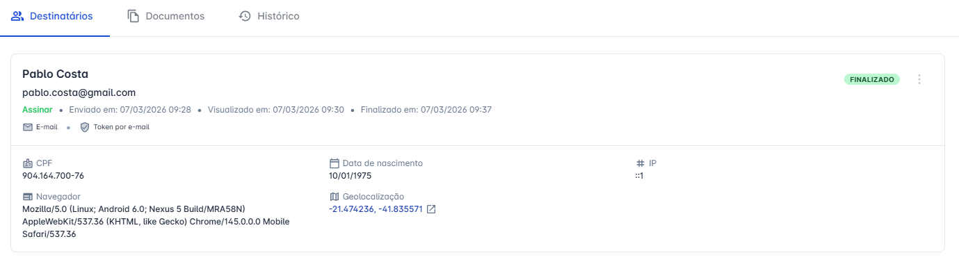 visualização dos destinatários na tela de detalhes