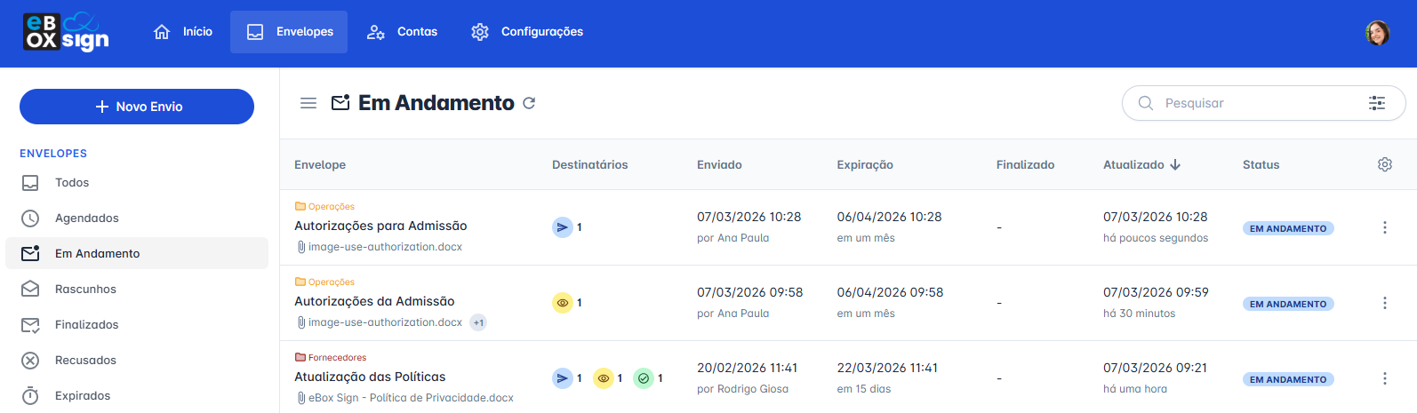 lista de envelopes com filtros aplicados