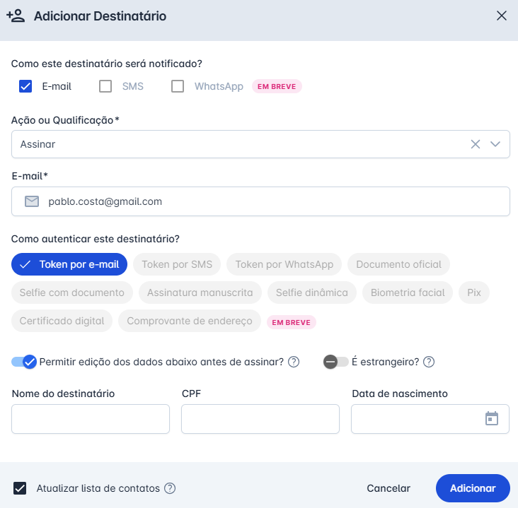 formulário de adição de destinatários