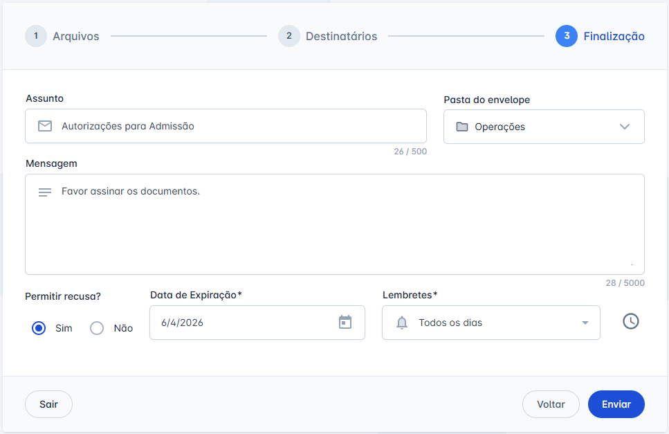 tela de finalização com os campos preenchidos