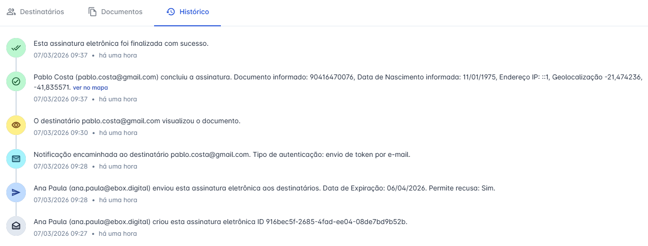 histórico/auditoria do envelope