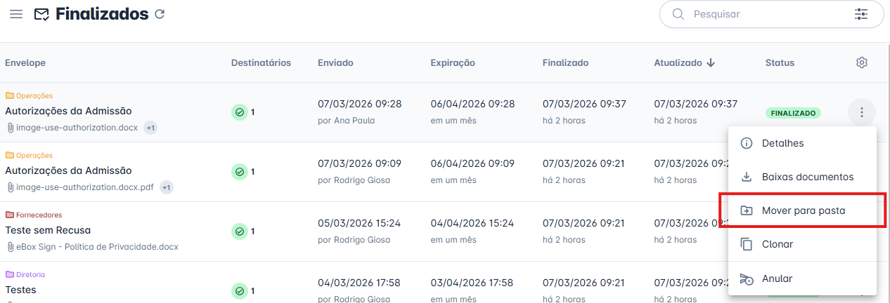 diálogo de mover envelope para pasta