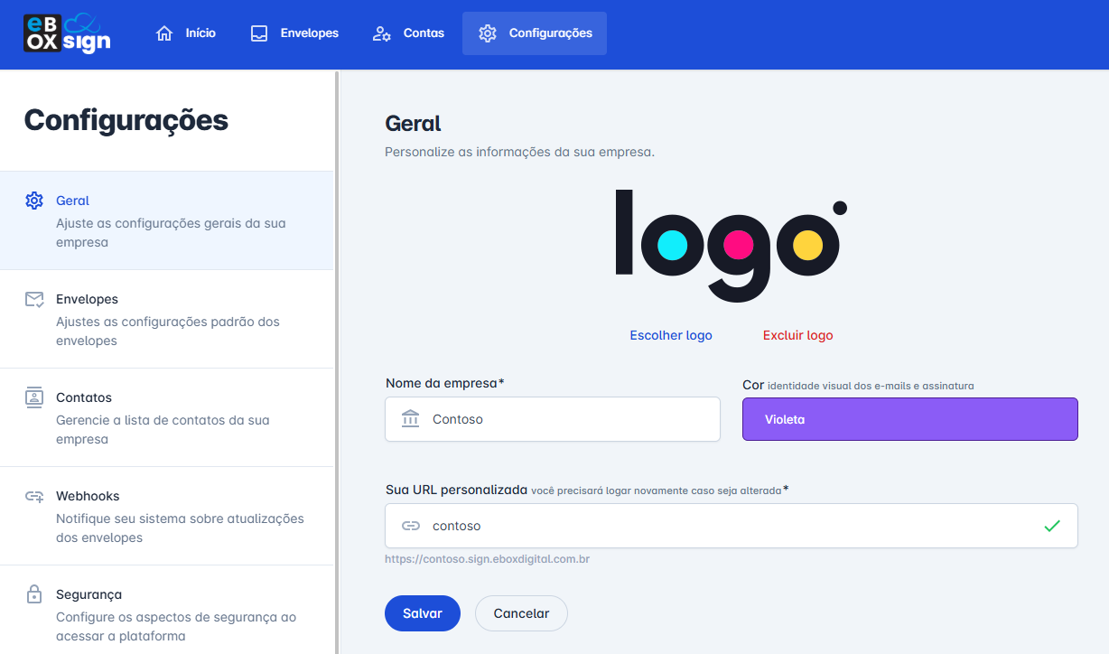 página de Configurações com o menu lateral de seções