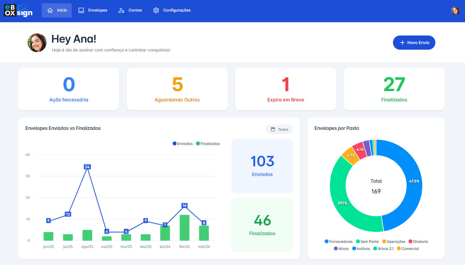 Dashboard completo com os contadores e gráfico