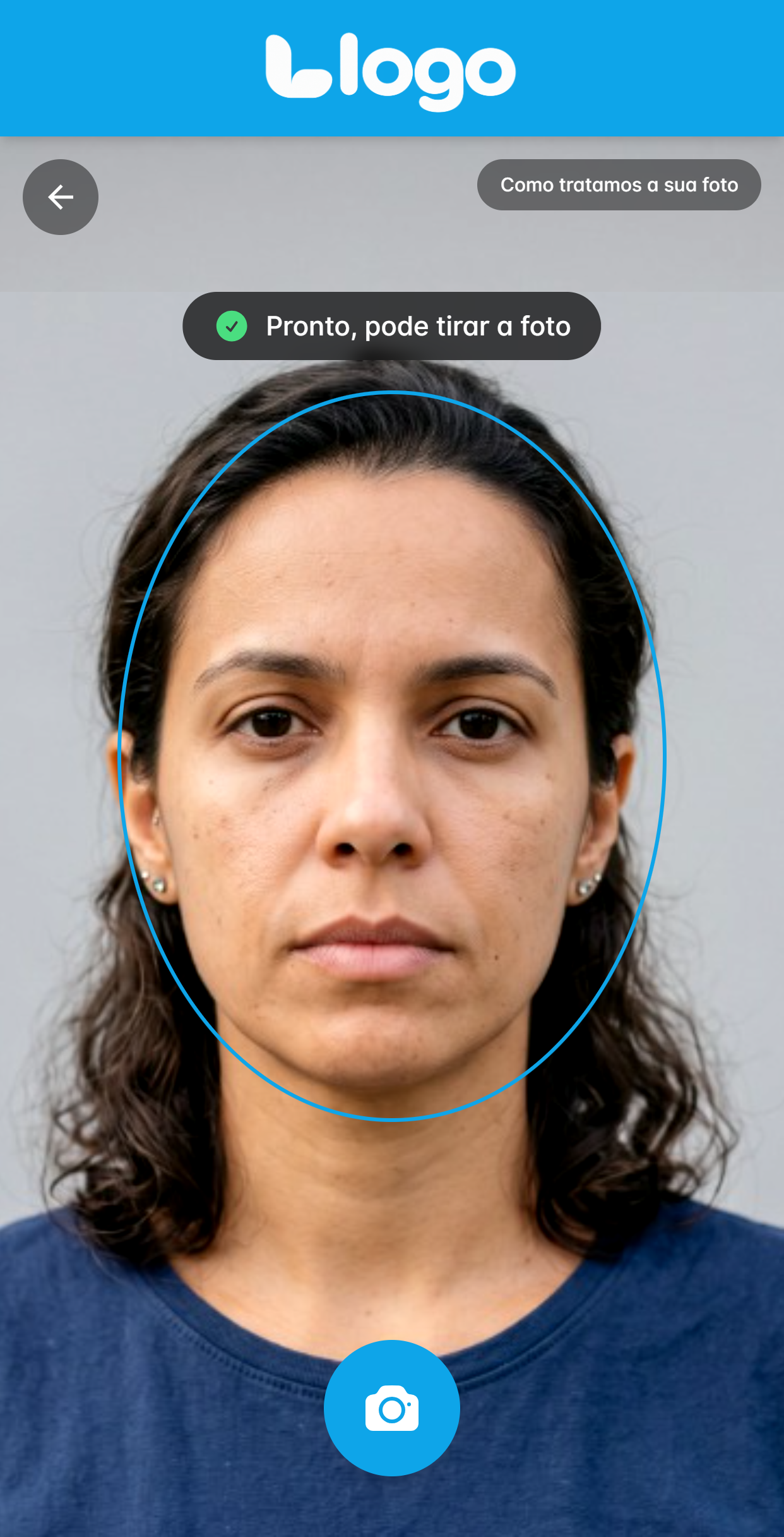 tela "Sua foto" com o rosto encaixado no contorno, a mensagem "Pronto, pode tirar a foto" e o botão de captura ativo