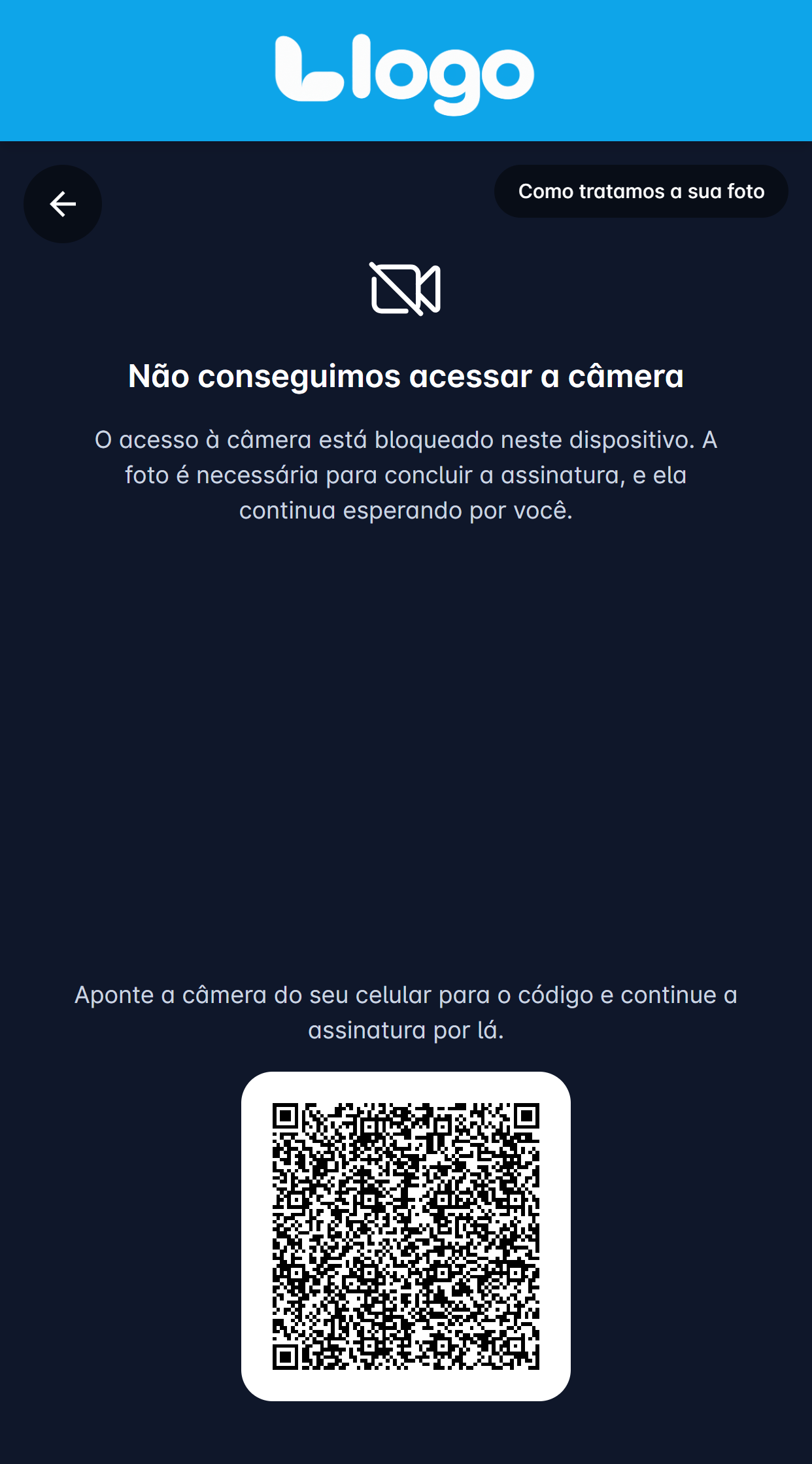 tela de captura mostrando a mensagem "Não conseguimos acessar a câmera"
