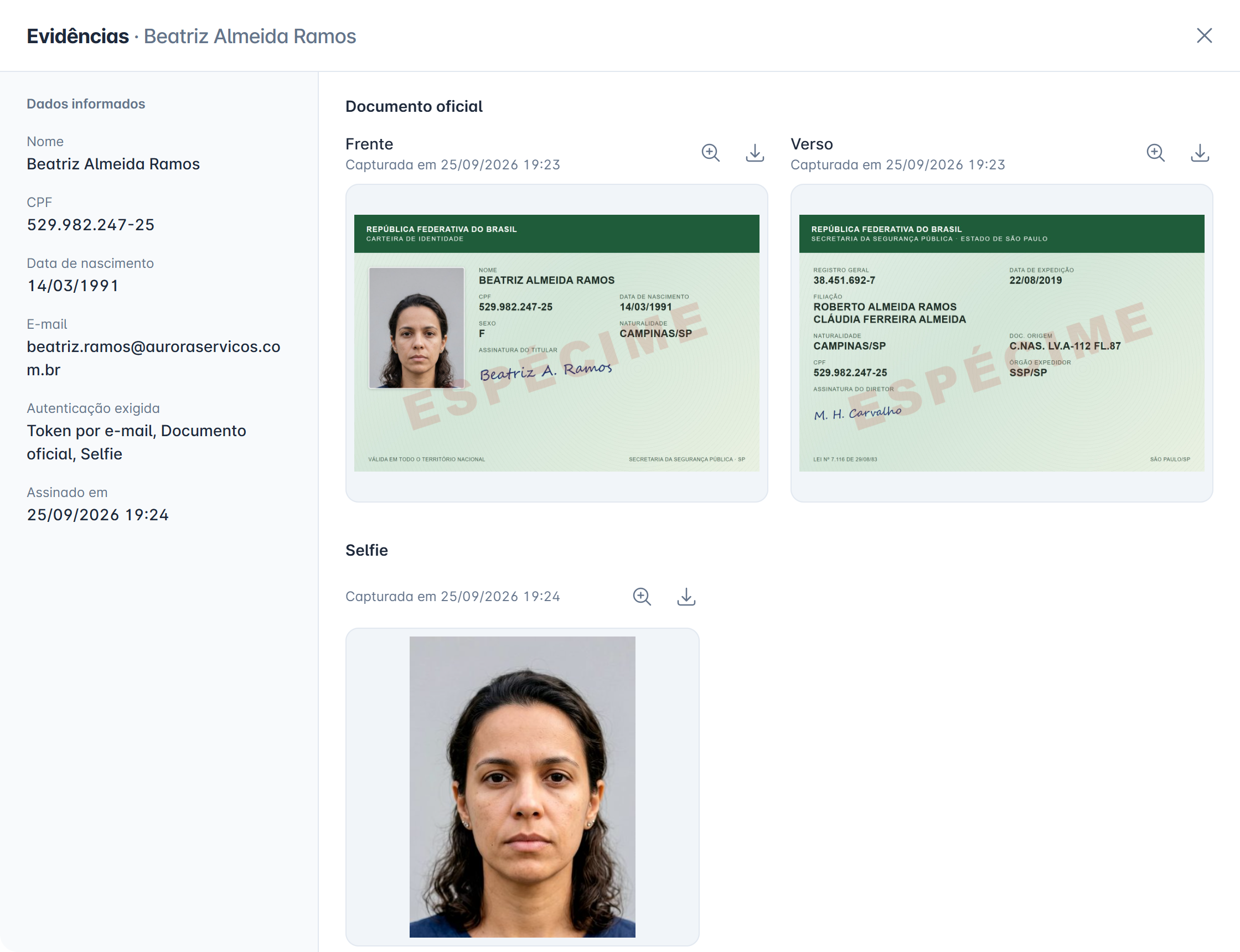 visualizador "Evidências · Nome" com os dados informados à esquerda, frente e verso lado a lado e a selfie abaixo