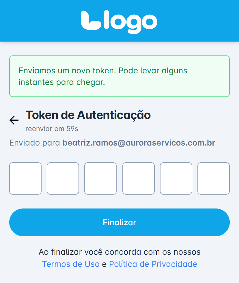 tela Token de Autenticação com o aviso de novo token enviado e o reenvio em contagem regressiva
