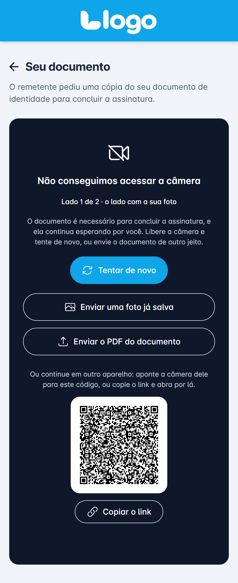 tela "Seu documento" com a mensagem "Não conseguimos acessar a câmera", os botões "Tentar de novo", "Enviar uma foto já salva" e "Enviar o PDF do documento" e o código QR