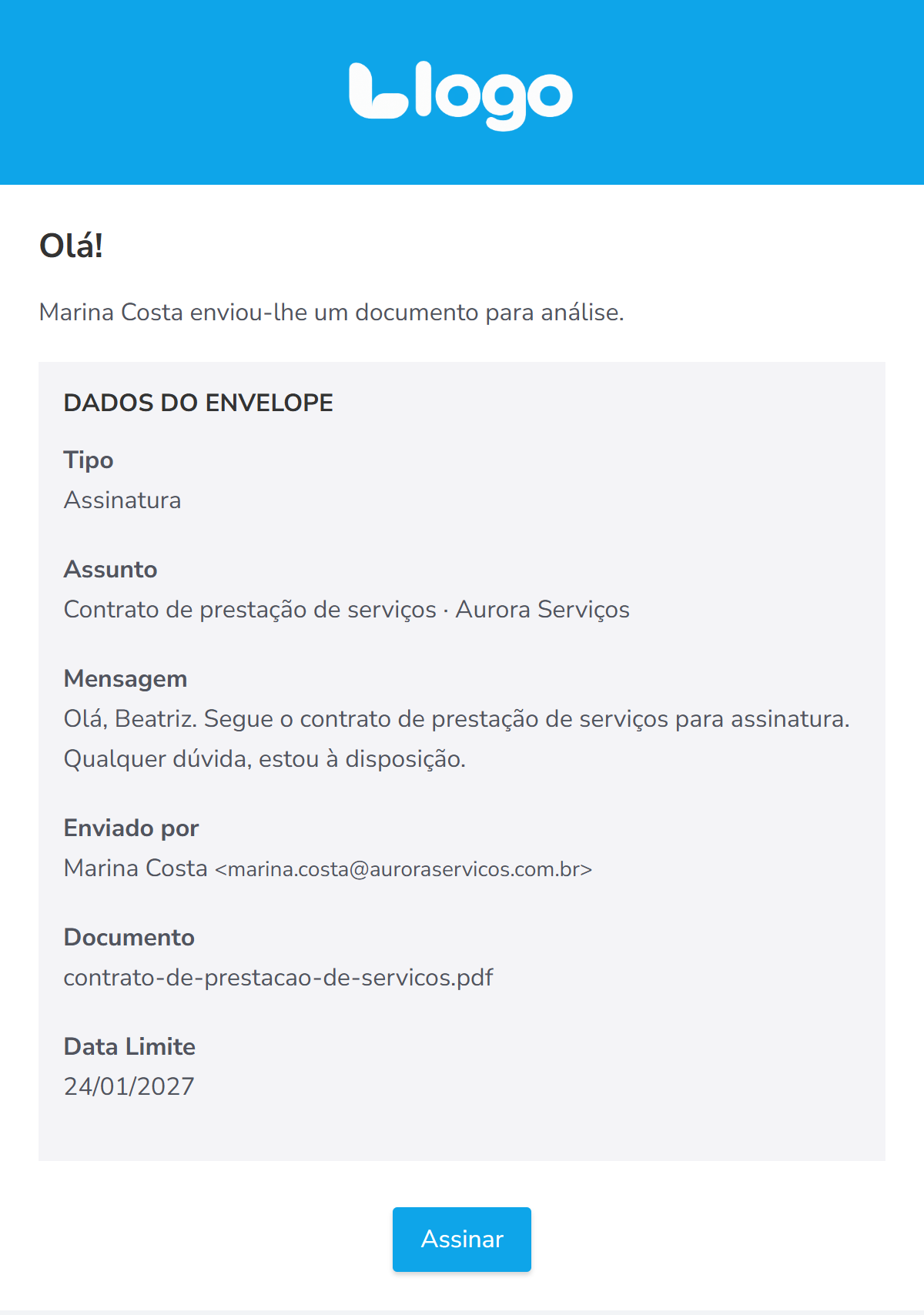 e-mail com o convite para assinar e o botão Assinar
