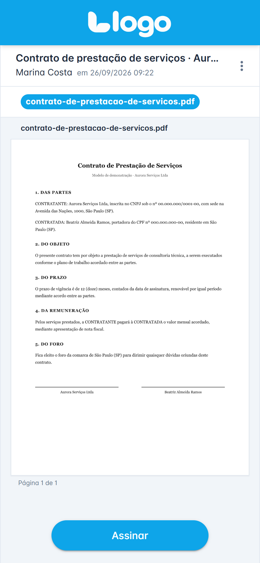tela de visualização do documento com o botão Assinar