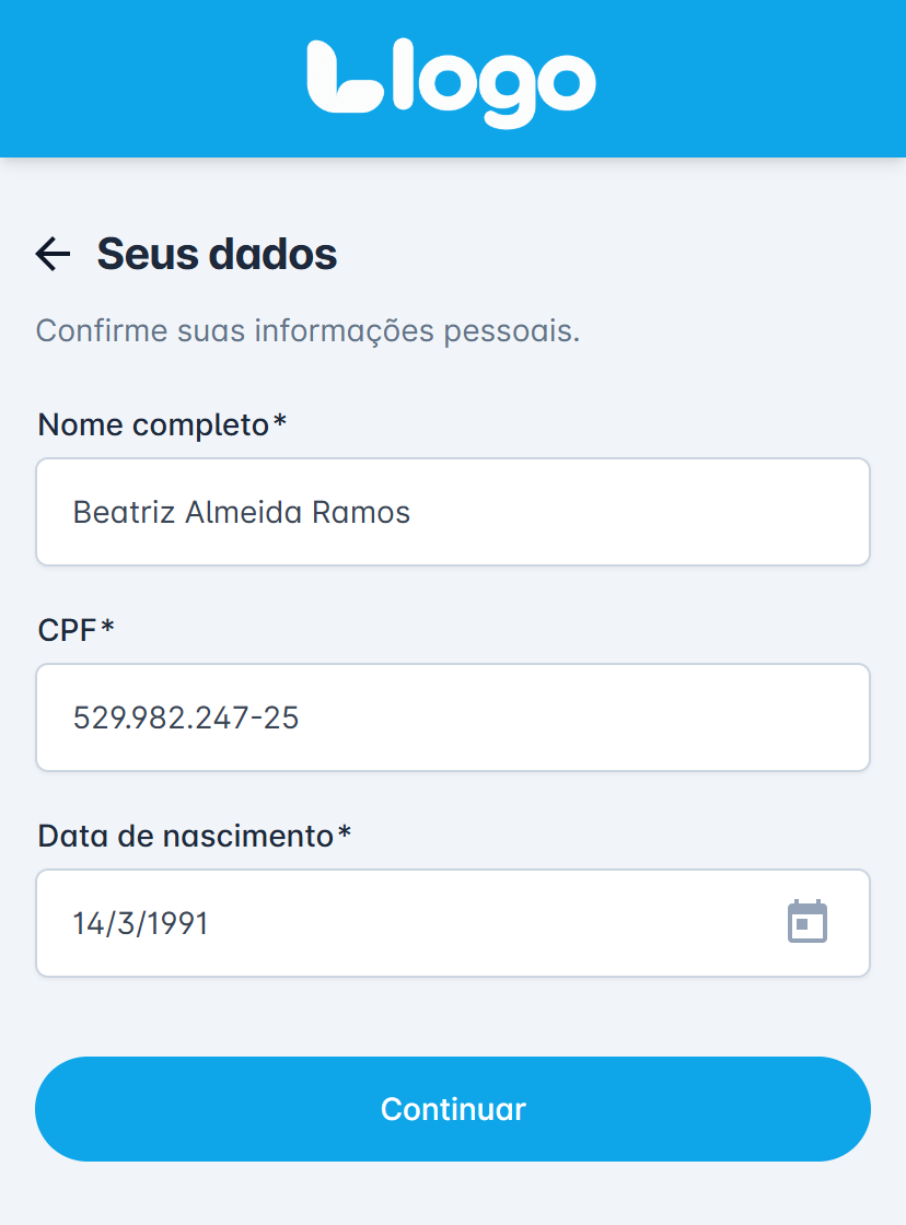 tela Seus dados com nome completo, CPF e data de nascimento