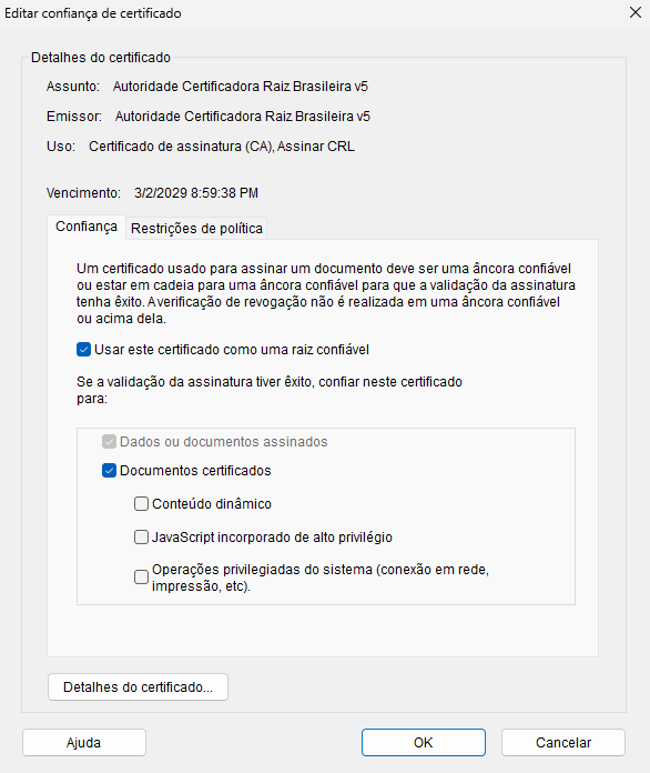 janela Editar confiança de certificado com "Usar este certificado como uma raiz confiável" marcado