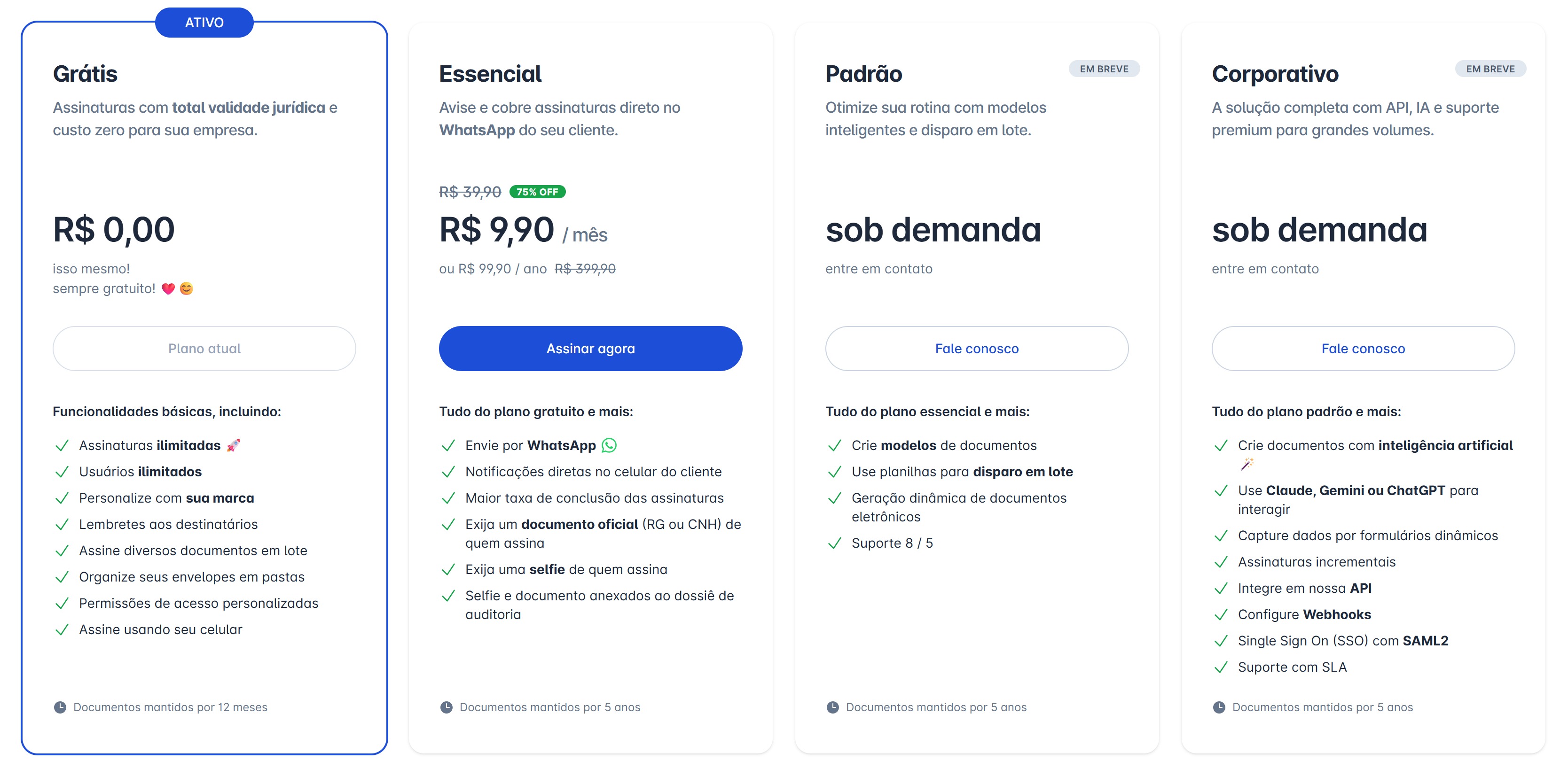 card do plano Essencial na tela Meu Plano, com WhatsApp, Selfie e Documento oficial