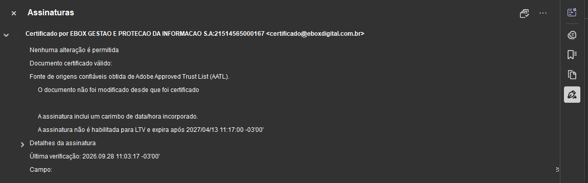 painel Assinaturas do Adobe com "Documento certificado válido"
