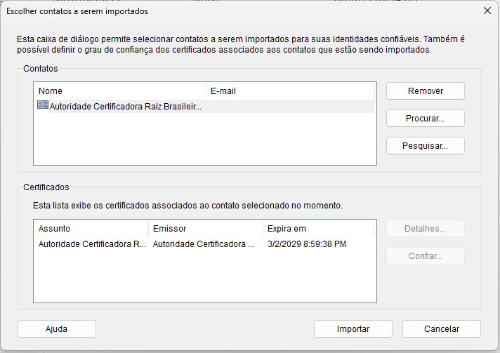 janela Escolher contatos a serem importados com a Autoridade Certificadora Raiz Brasileira v5 carregada