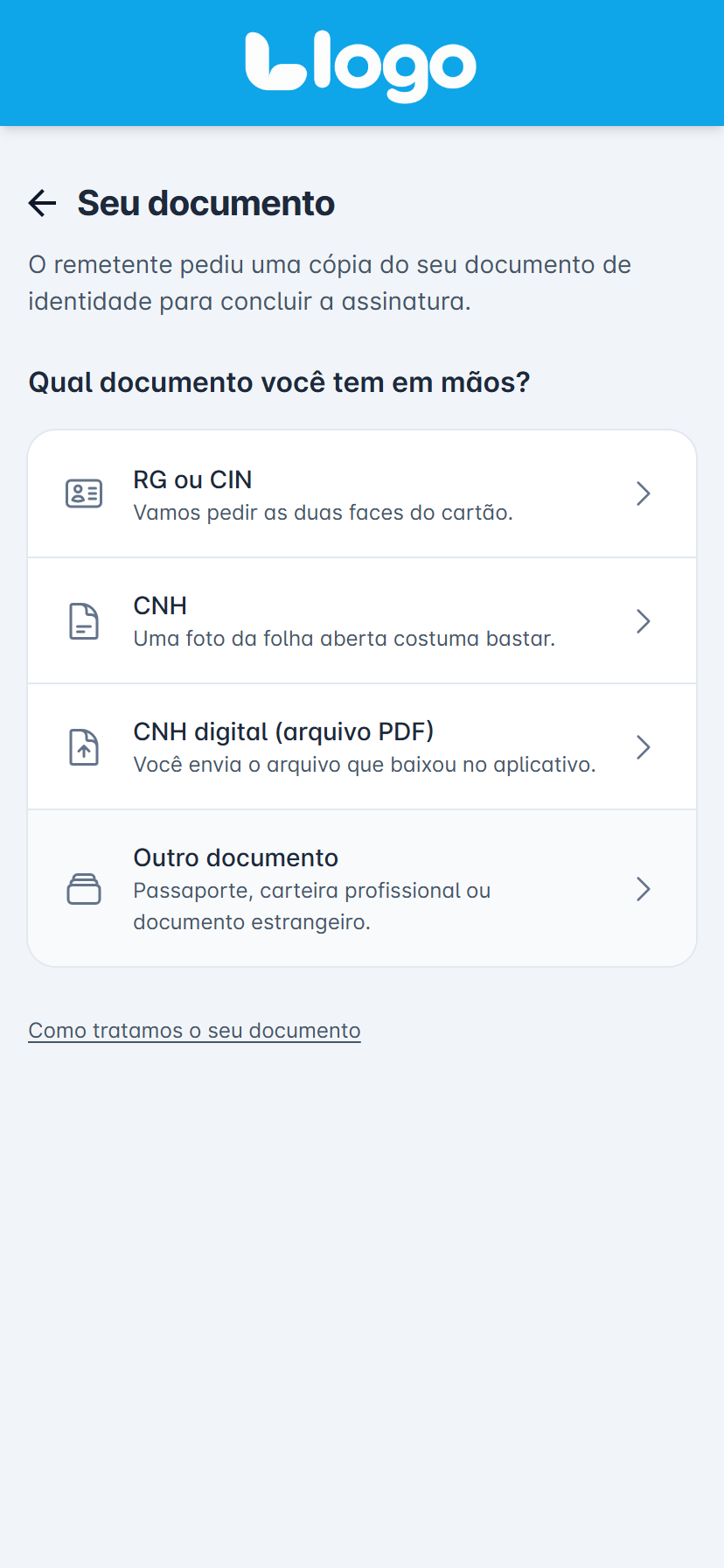 tela "Seu documento" com a pergunta "Qual documento você tem em mãos?" e as quatro opções