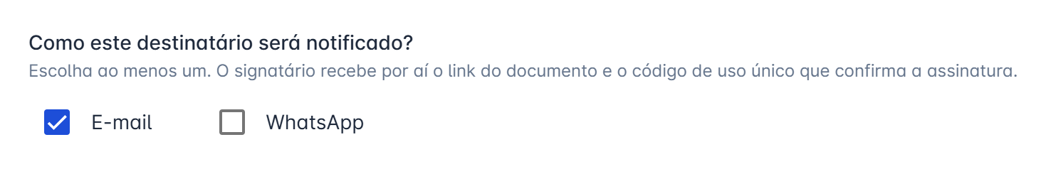 seção "Como este destinatário será notificado?" no diálogo de destinatário, com E-mail e WhatsApp