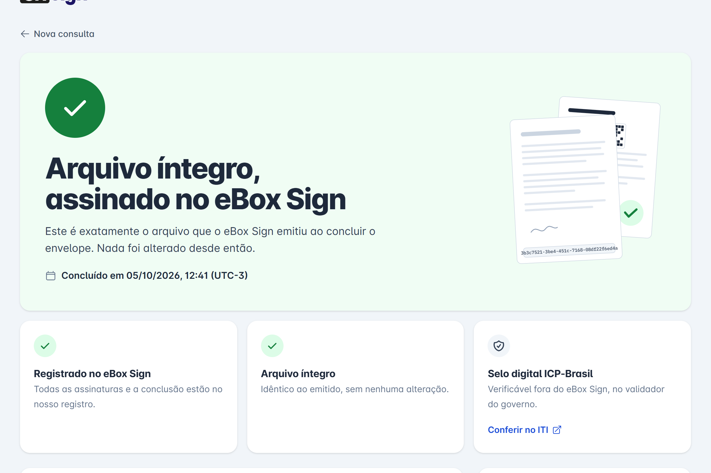 resultado Arquivo íntegro, assinado no eBox Sign, com os cartões Registrado no eBox Sign, Arquivo íntegro e Selo digital ICP-Brasil