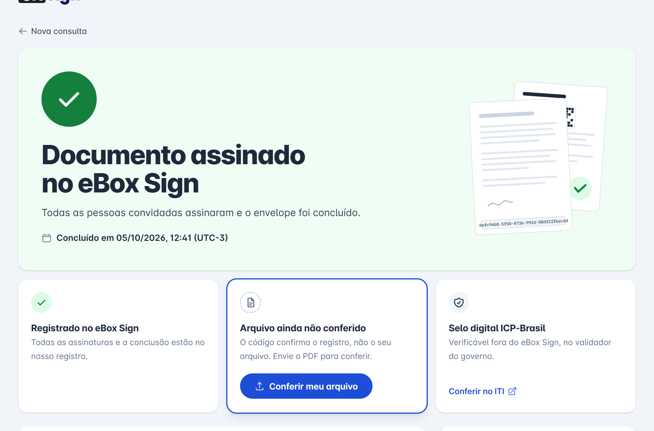 resultado Documento assinado no eBox Sign, com o cartão Arquivo ainda não conferido e o botão Conferir meu arquivo