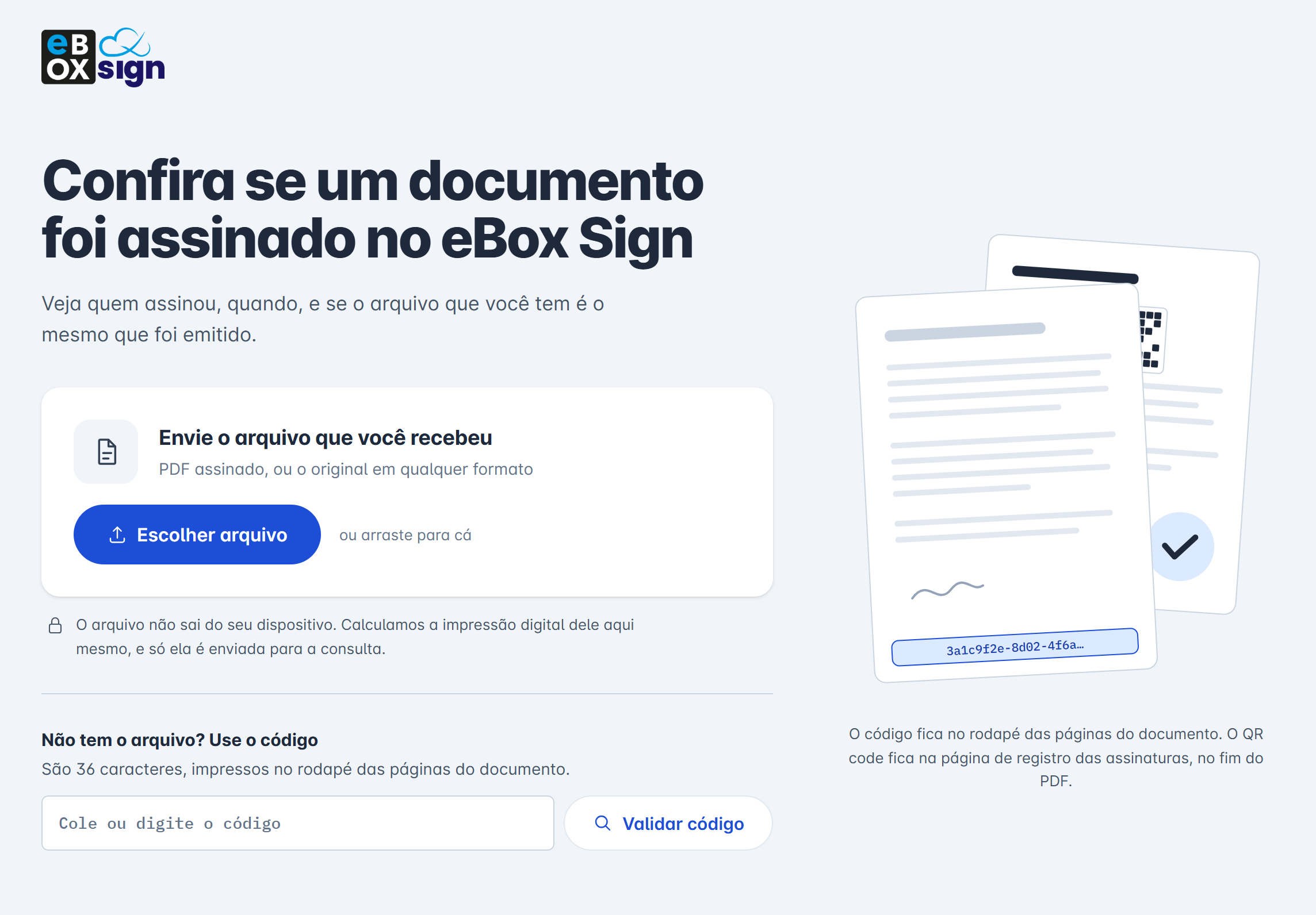 página de validação com a área para enviar o arquivo e o campo do código