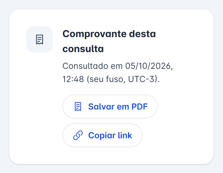 quadro Comprovante desta consulta com os botões Salvar em PDF e Copiar link