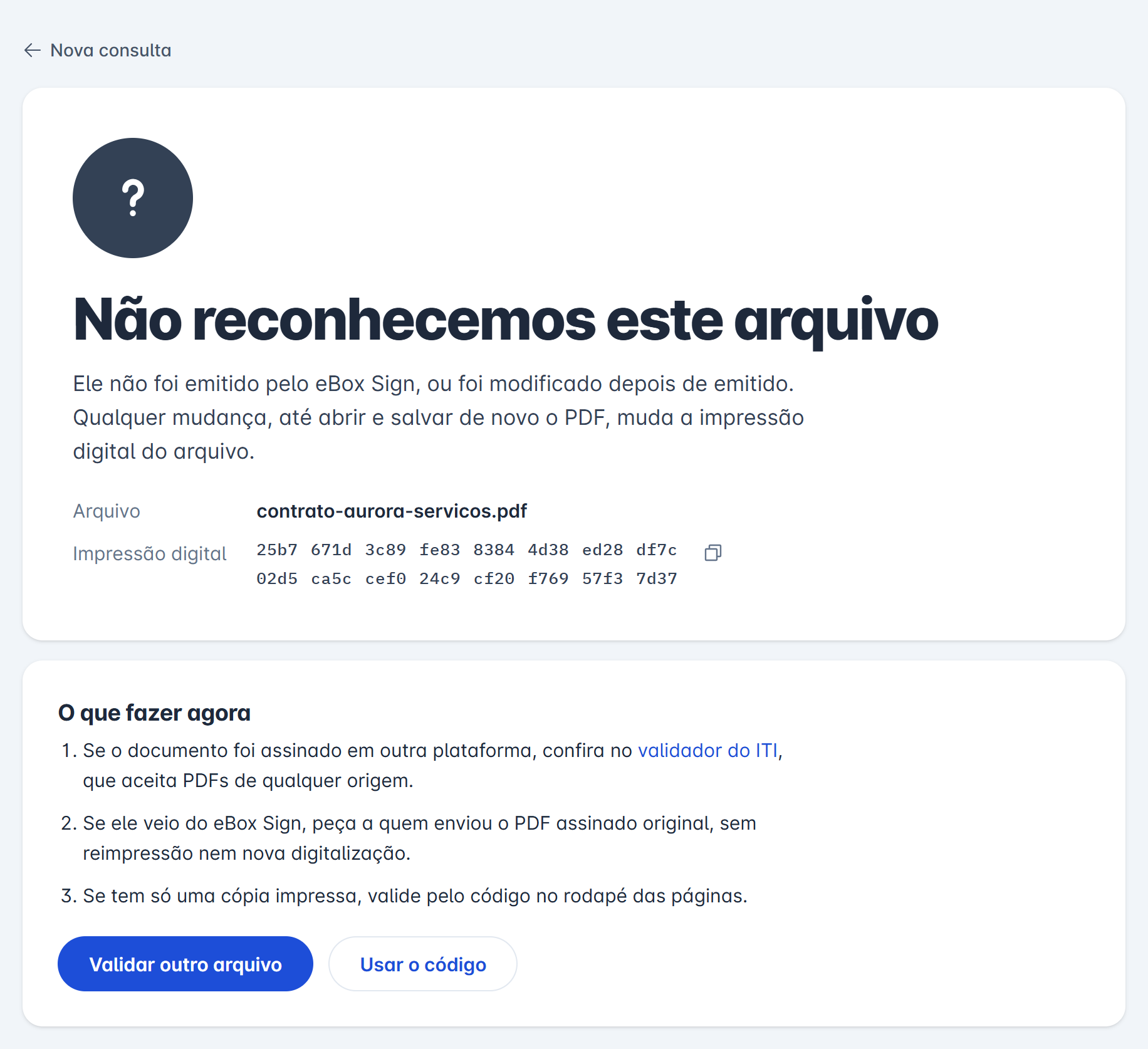 resultado Não reconhecemos este arquivo, com o nome e a impressão digital do arquivo e a lista O que fazer agora