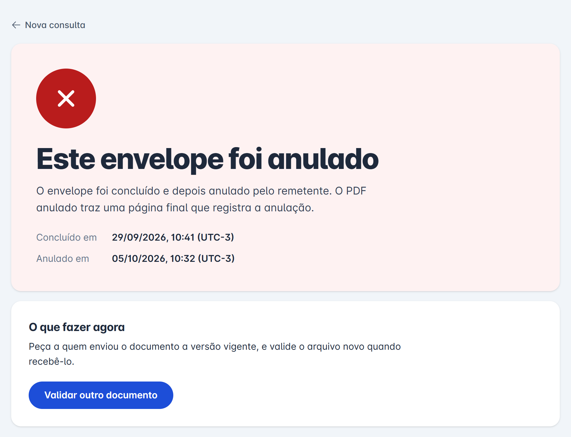 resultado Este envelope foi anulado, com as datas de conclusão e de anulação