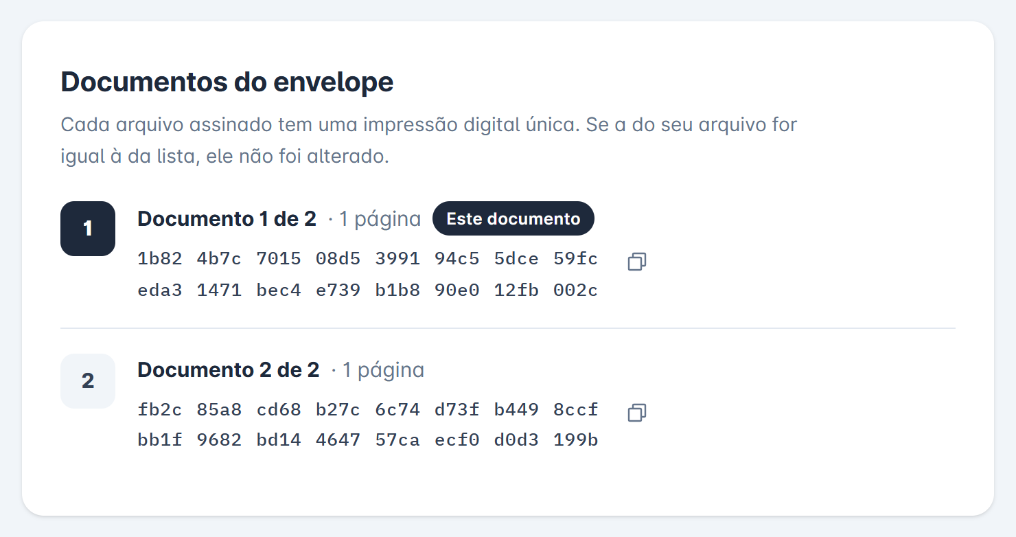 painel Documentos do envelope com dois documentos e o primeiro marcado como Este documento