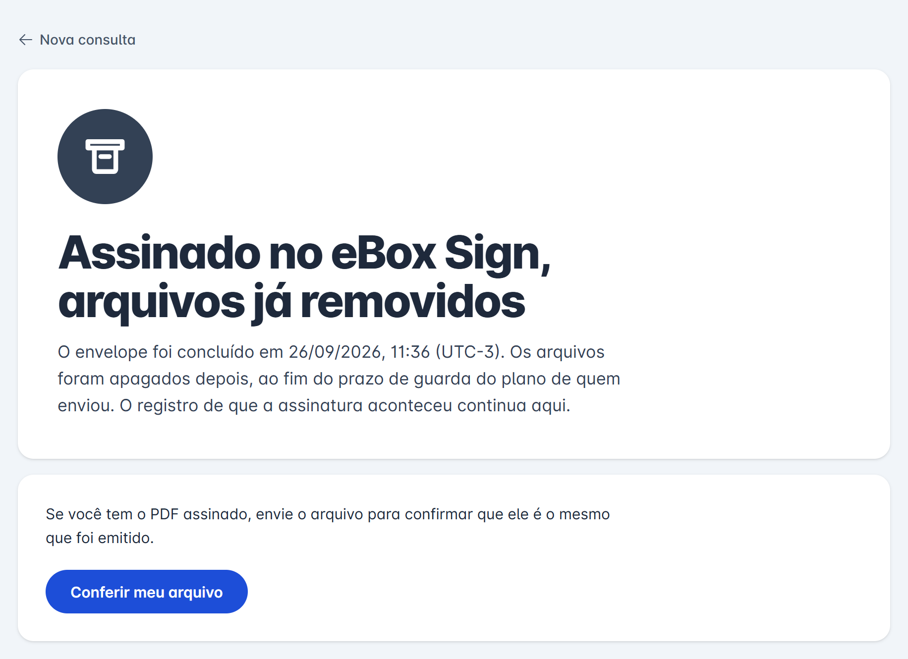resultado Assinado no eBox Sign, arquivos já removidos, com a data de conclusão do envelope