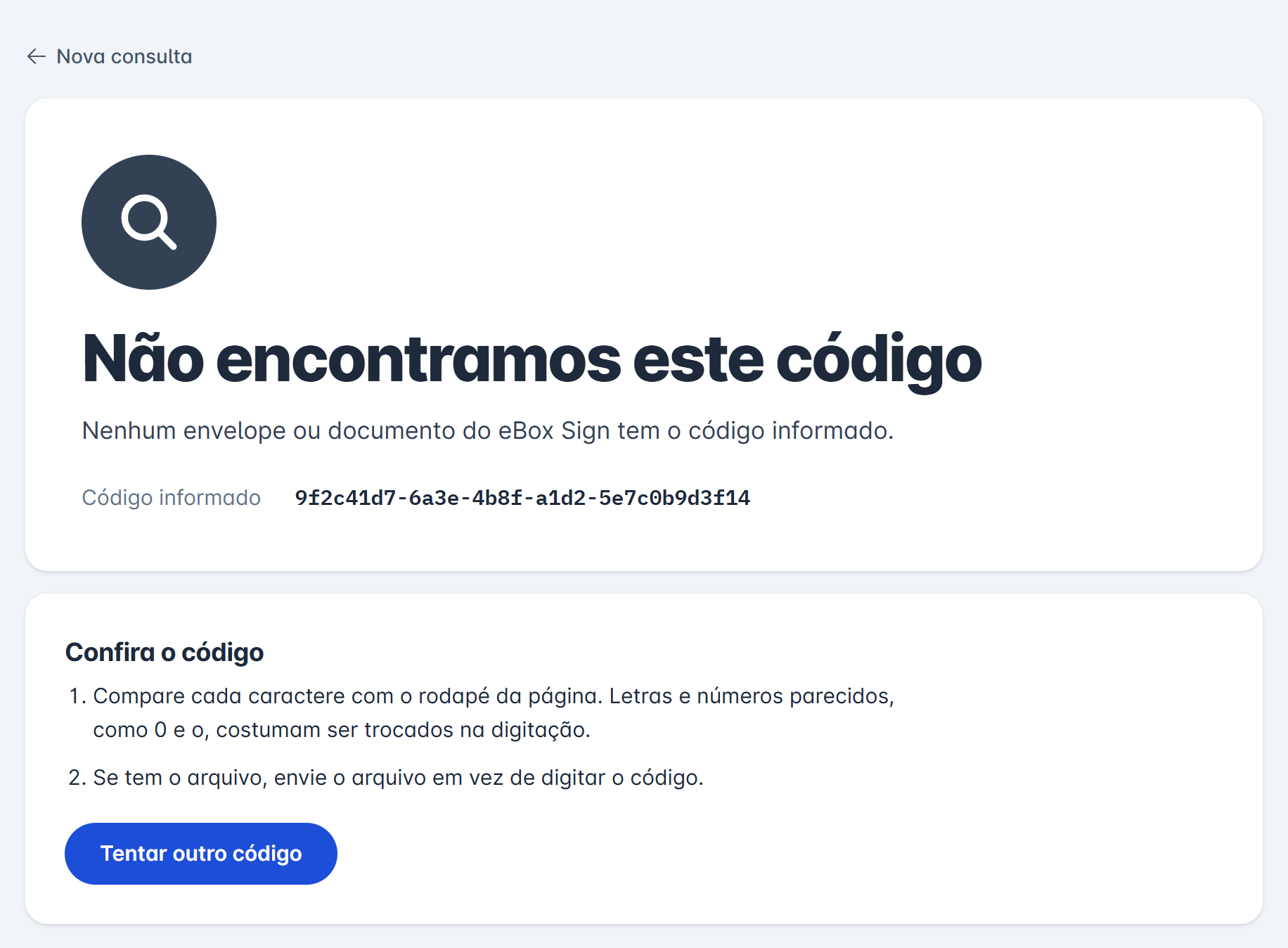 resultado Não encontramos este código, com o código informado e as orientações para conferir