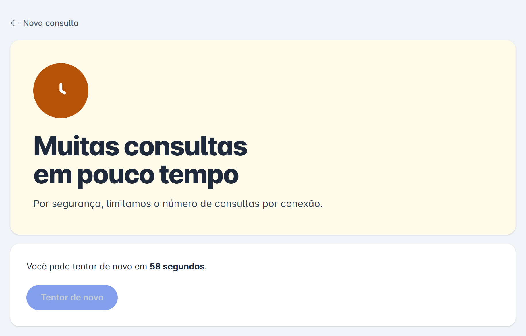 tela Muitas consultas em pouco tempo, com a contagem regressiva e o botão Tentar de novo